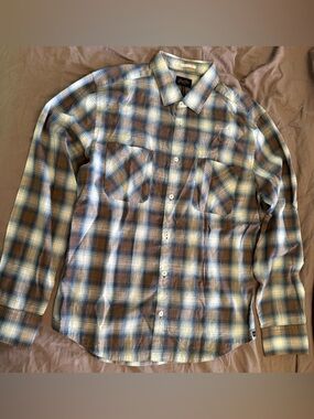 Good Man Brand Plaid Casual Dress Shirt Blue Brown White (Size Small)